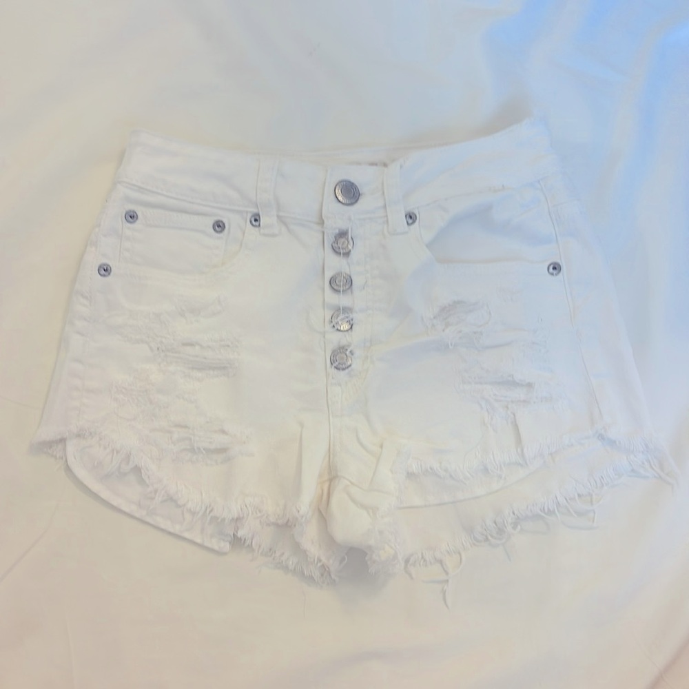 American Eagle High Rise Festival Stretch Distressed Shorts in White